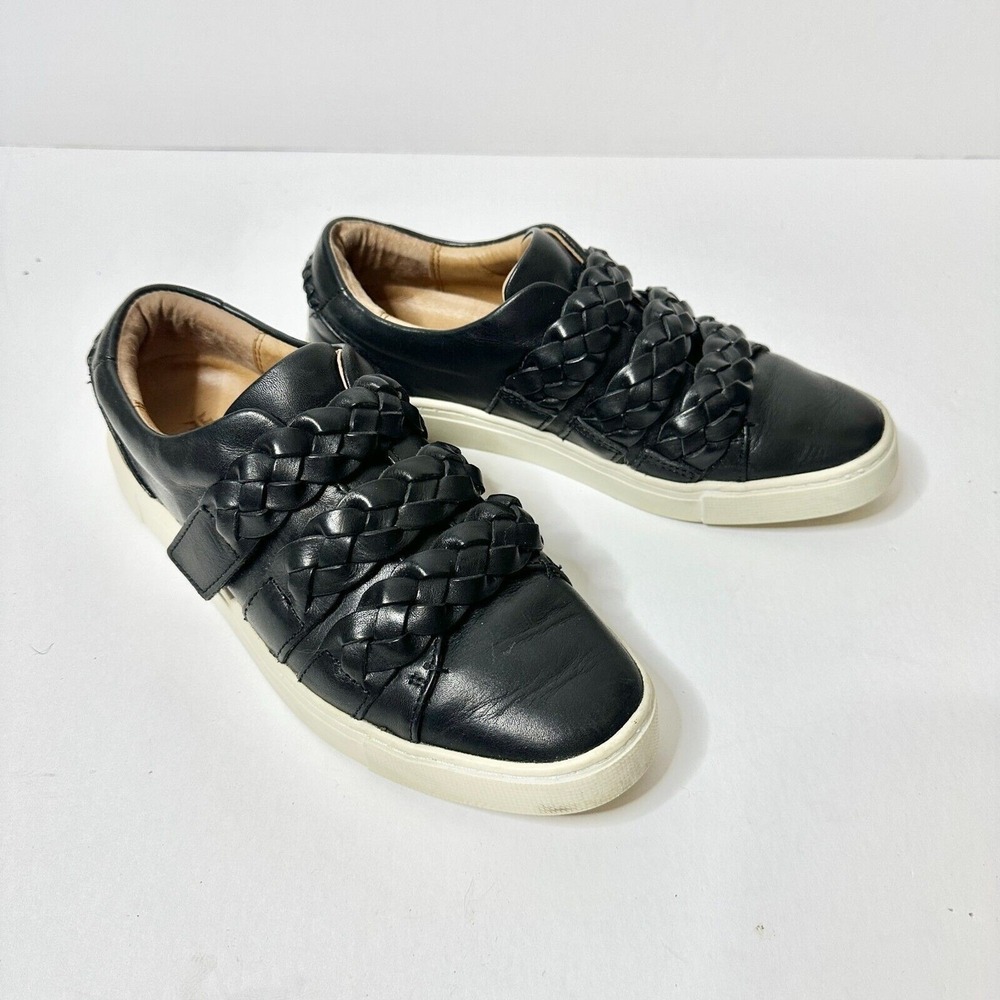 Frye Sneaker Women 7.5 M Black Ivy Braid Strap Leather Low Top Slip On Cushioned